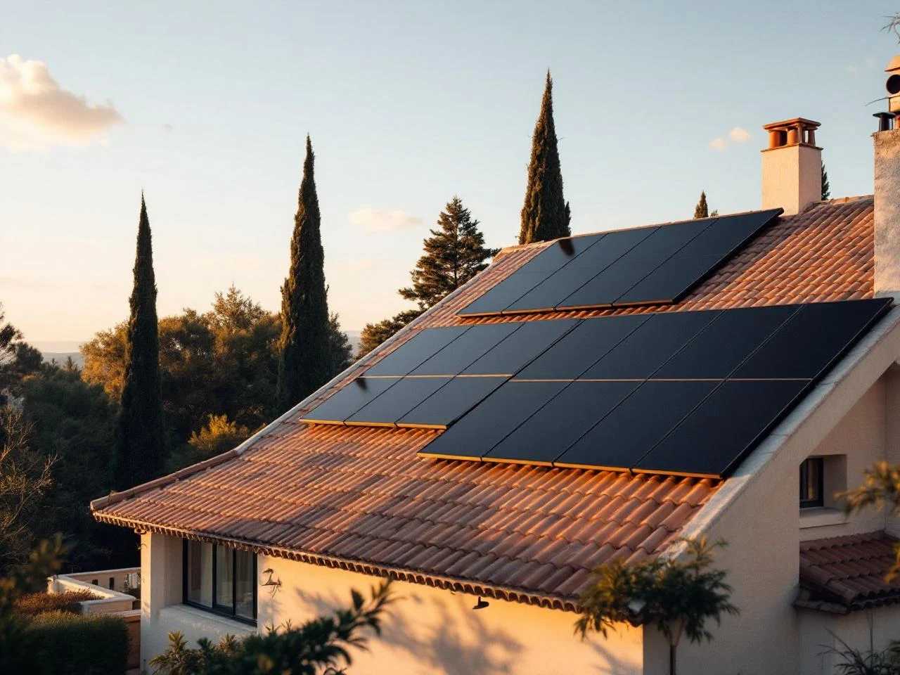 Villa provençale équipée de panneaux solaires sur toiture en tuiles
