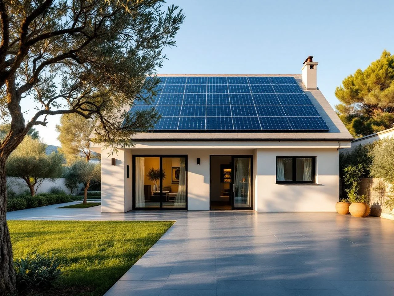 Maison de plain-pied avec panneaux solaires noirs sur toiture en pente