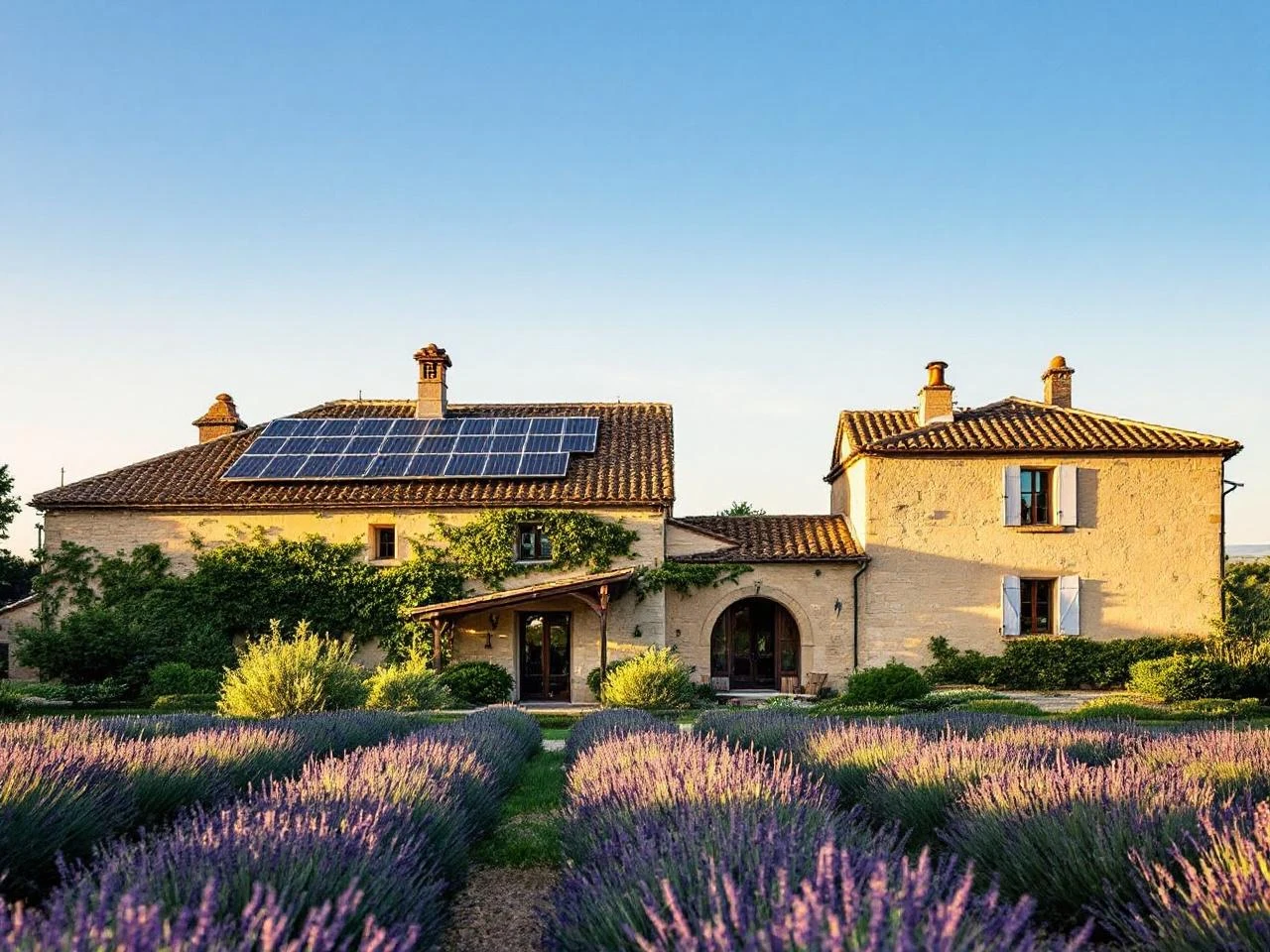 Mas provençal en pierre avec installation solaire sur toiture annexe