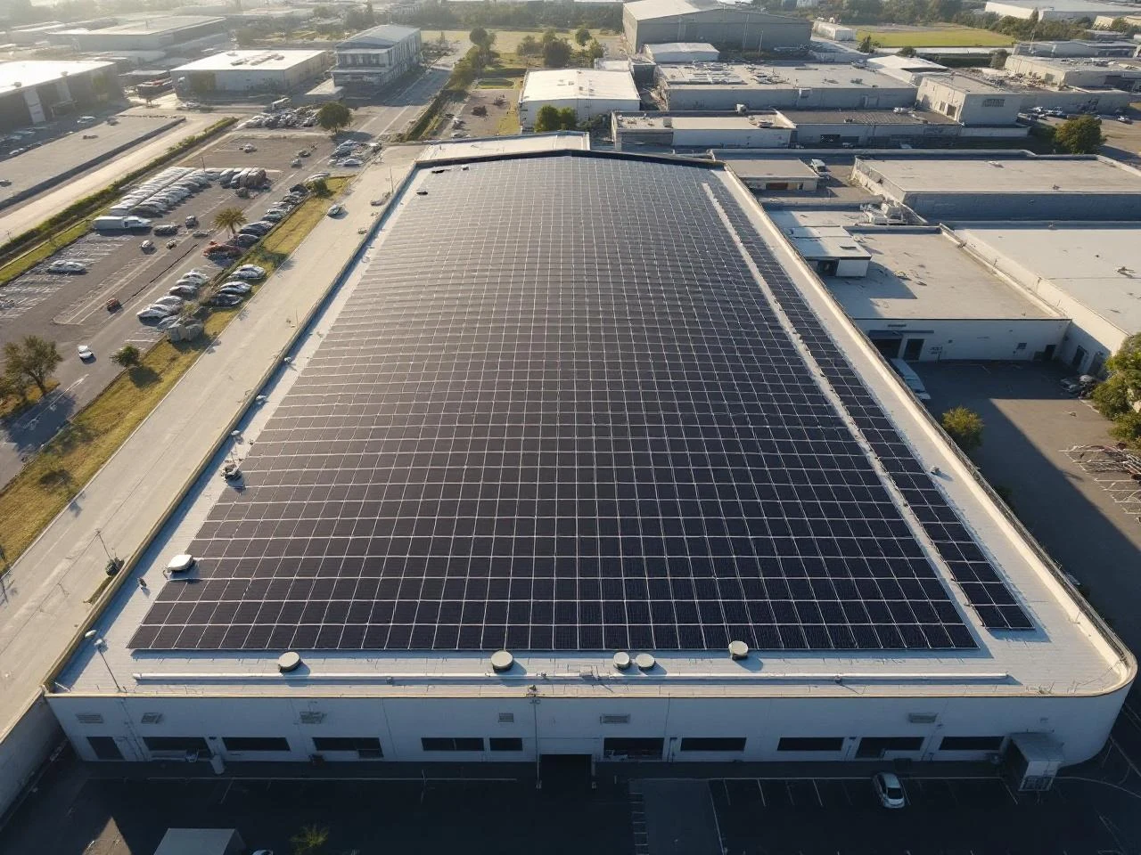 Toiture d'entrepôt industriel équipée de rangées de panneaux solaires