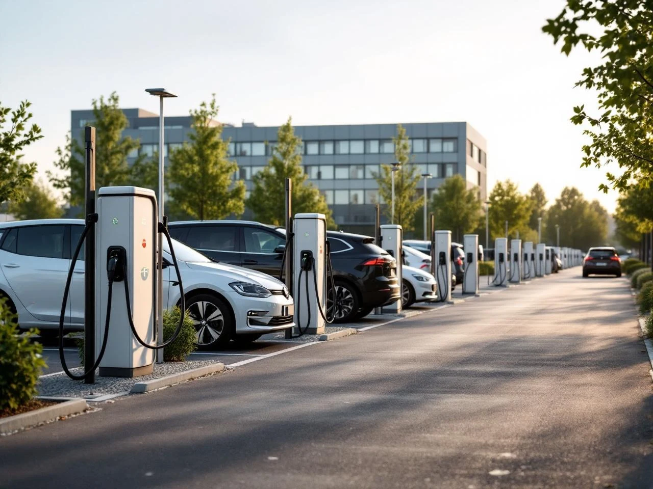 Parking d'entreprise équipé de plusieurs bornes de recharge