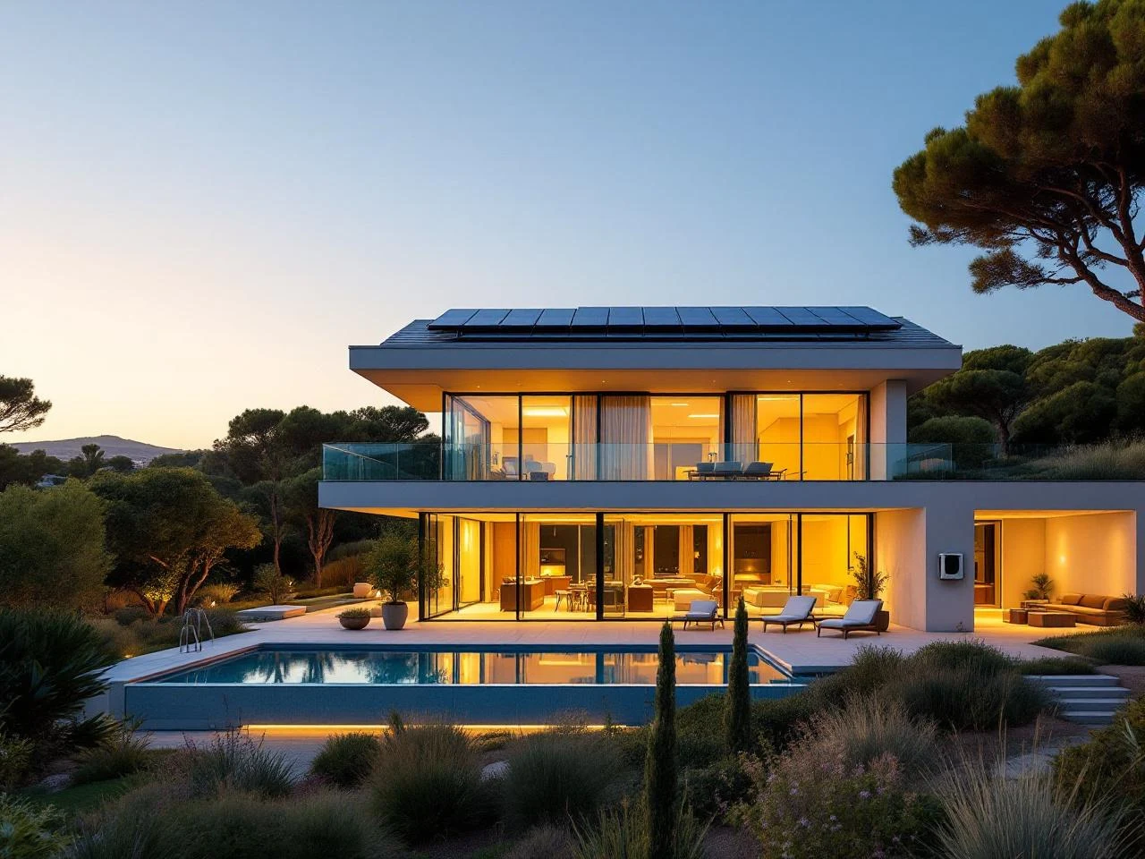 Maison moderne avec panneaux solaires et pompe à chaleur visibles