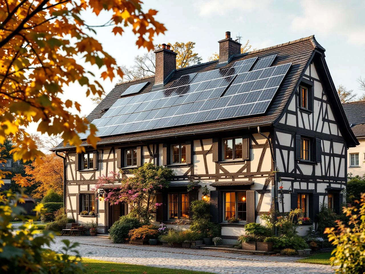 Maison alsacienne à colombages avec panneaux solaires intégrés