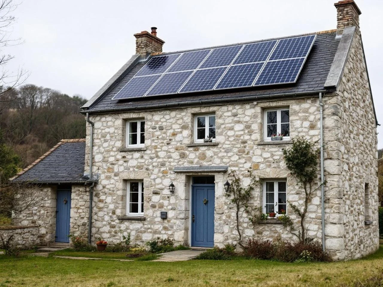 Maison bretonne en granite avec panneaux solaires sur ardoise