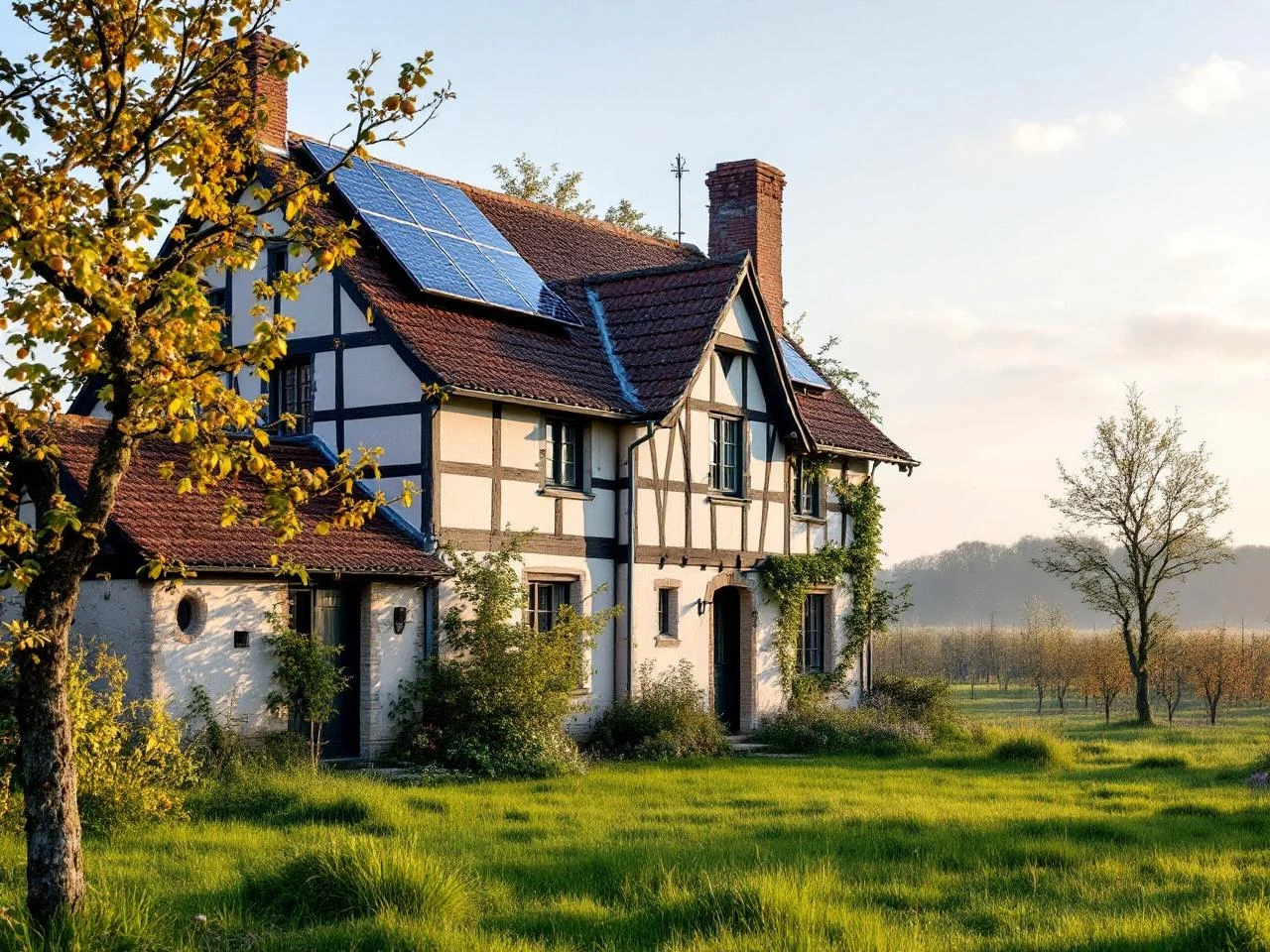 Maison normande à colombages avec panneaux discrets