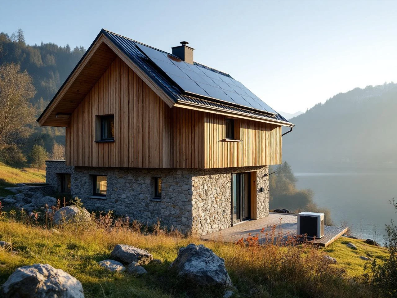Maison passive alpine avec panneaux solaires + PAC visible