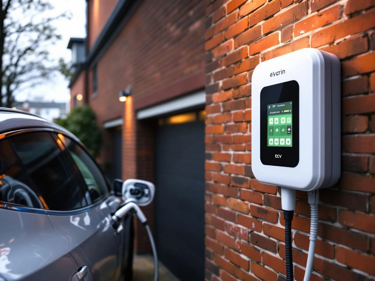 Wallbox sur garage de maison briques rouges