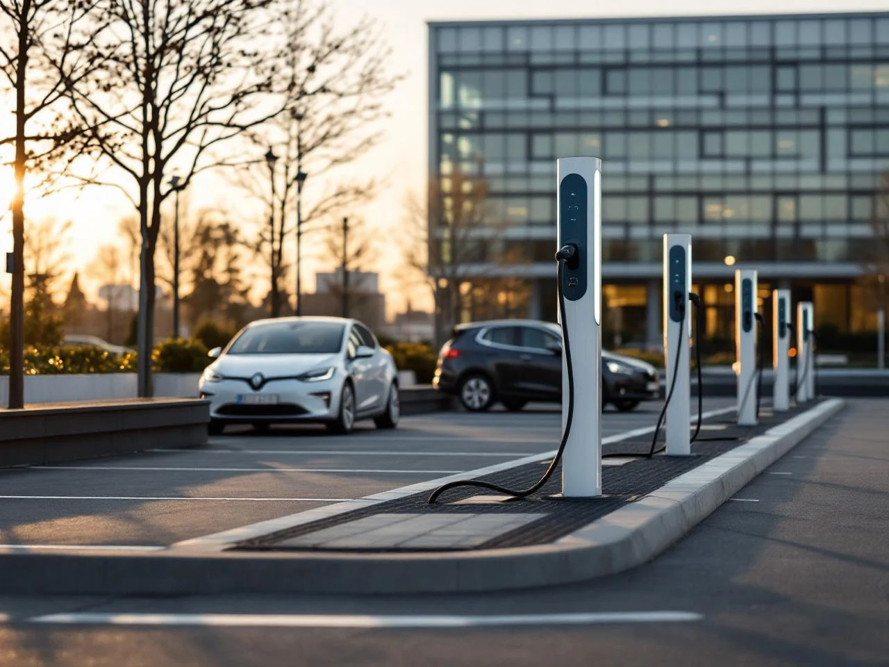 Parking entreprise lyonnais avec bornes en file